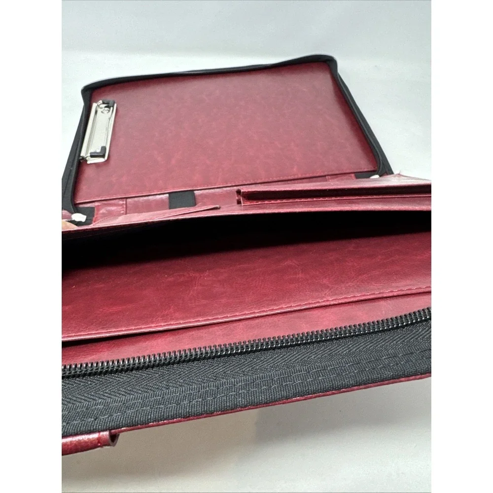 Darolin Zippered Leather Padfolio Portfolio w/Hidden Handle Maroon Faux Leather‎